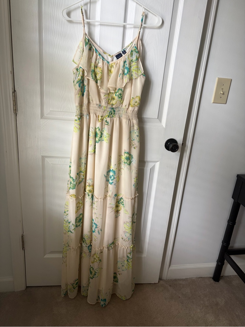 Kaari Blue Cream Floral Ruffle Maxi Dress